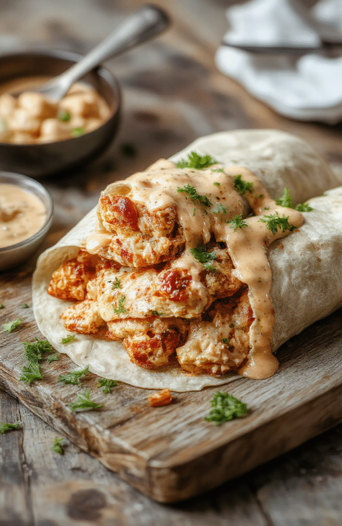 A vibrant plate of cheesy chicken wraps sliced open to reveal melted cheese, tender chicken, fresh lettuce, and tomatoes, served on a rustic white plate with a colorful background, styled casually with a slight tilt to showcase the textures and fillings.