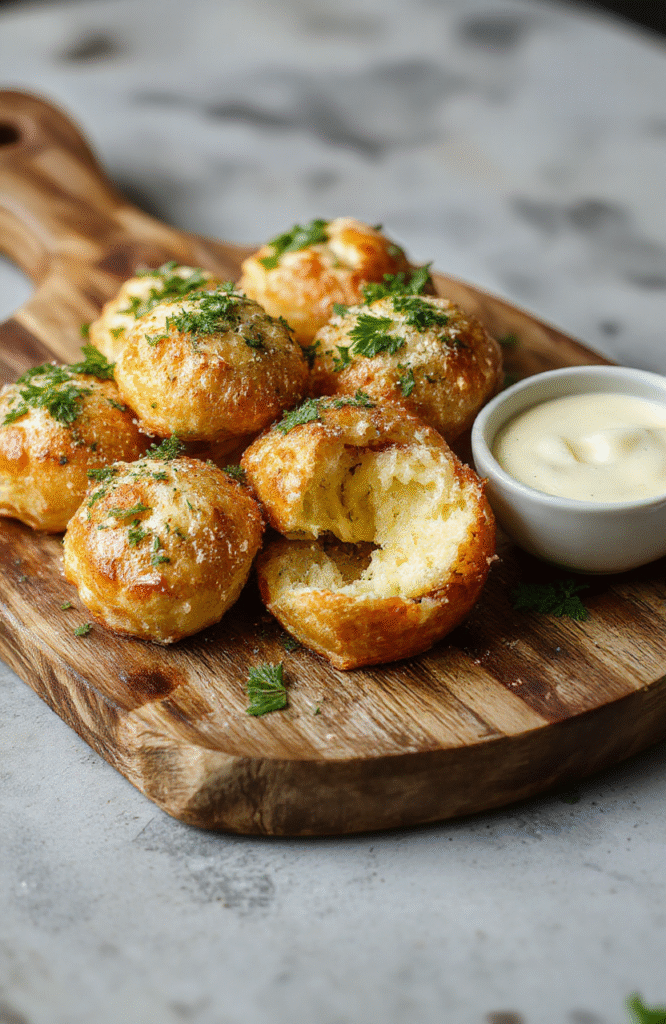A gold-brown cheesy garlic parmesan bombs arranged on a rustic wooden platter, topped with fresh parsley and drizzled with melted butter, with a side of dipping sauce in a small bowl, garnished with grated parmesan and herbs, styled casually with a cozy kitchen background.
