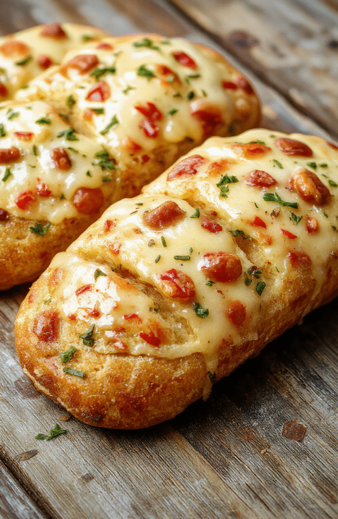 A warm, golden-brown cheesy Christmas bread loaf sliced open to reveal gooey melted cheese, garnished with fresh herbs on a rustic wooden board, with festive decorations in the blurred background, showcasing a cozy holiday atmosphere.