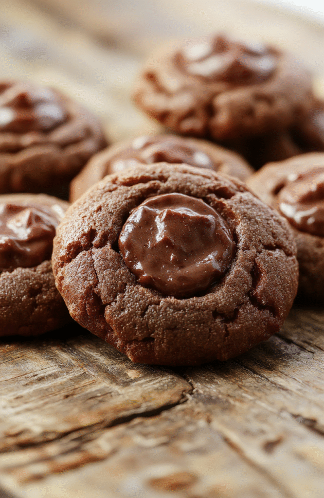 A close-up of chewy chocolate thumbprint cookies with glossy chocolate filling, arranged on a rustic wooden surface, with a few crumbs and a dusting of cocoa powder for an inviting, homemade look.