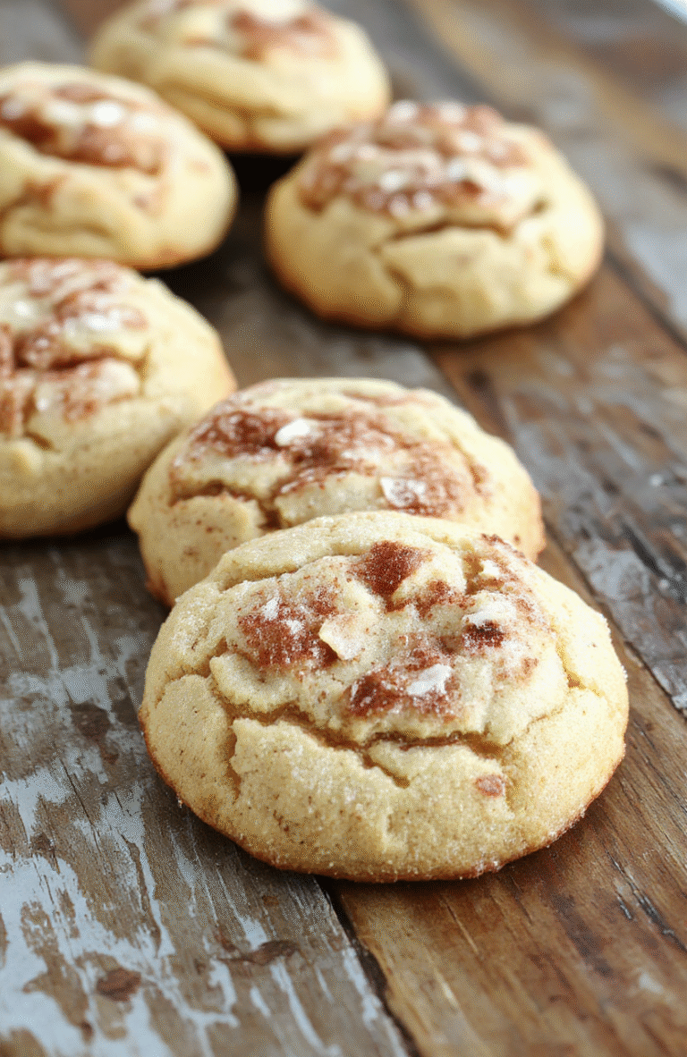 A plate of golden-brown, soft and chewy snickerdoodle cookies coated in cinnamon sugar, arranged on a rustic wooden surface with a sprinkle of cinnamon in the background, textured cookies showcasing cracks and sugar crystals, styled for a cozy and inviting dessert presentation.