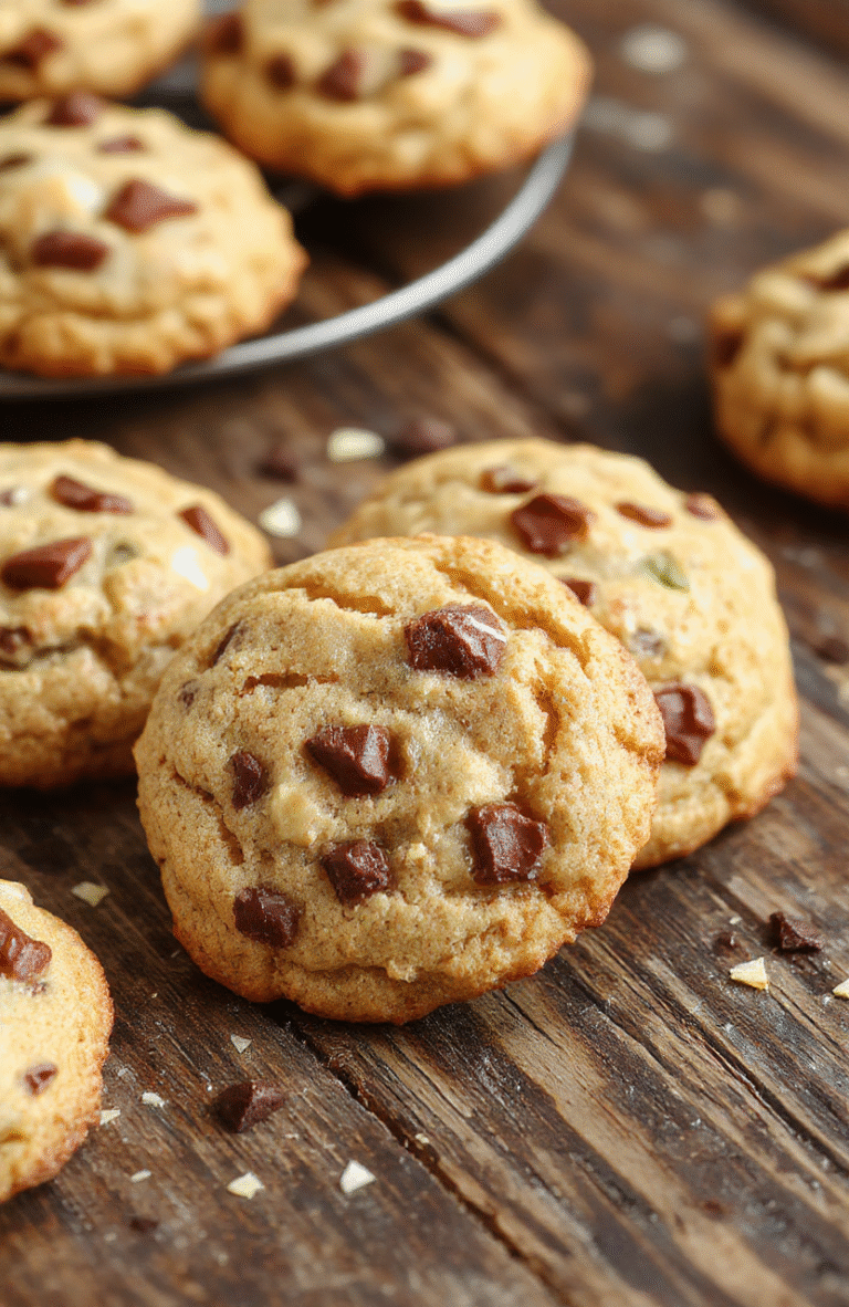 A close-up of a rustic plate filled with chewy cowboy cookies featuring chunky chocolate chips, oats, and nuts. The cookies have a golden-brown color, slightly cracked surface, and textured appearance, styled on a wooden surface with a few broken cookies showcasing their chewy interior.