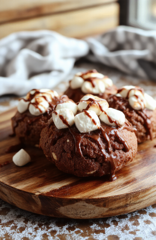 A close-up of chewy hot chocolate cookies stacked on a rustic wooden plate, topped with mini marshmallows and drizzled with chocolate sauce, set against a cozy winter backdrop with warm tones and soft lighting, emphasizing the rich texture and gooey centers.