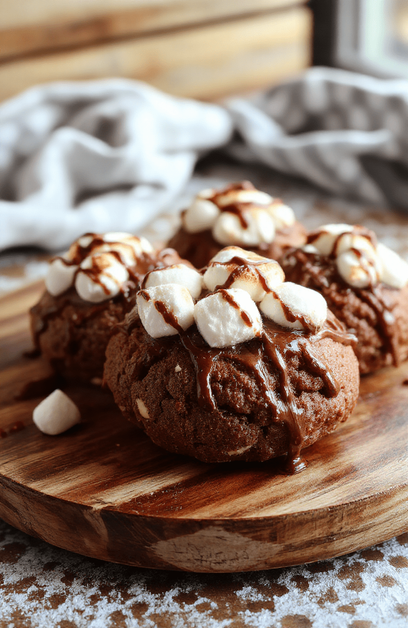 A close-up of chewy hot chocolate cookies stacked on a rustic wooden plate, topped with mini marshmallows and drizzled with chocolate sauce, set against a cozy winter backdrop with warm tones and soft lighting, emphasizing the rich texture and gooey centers.