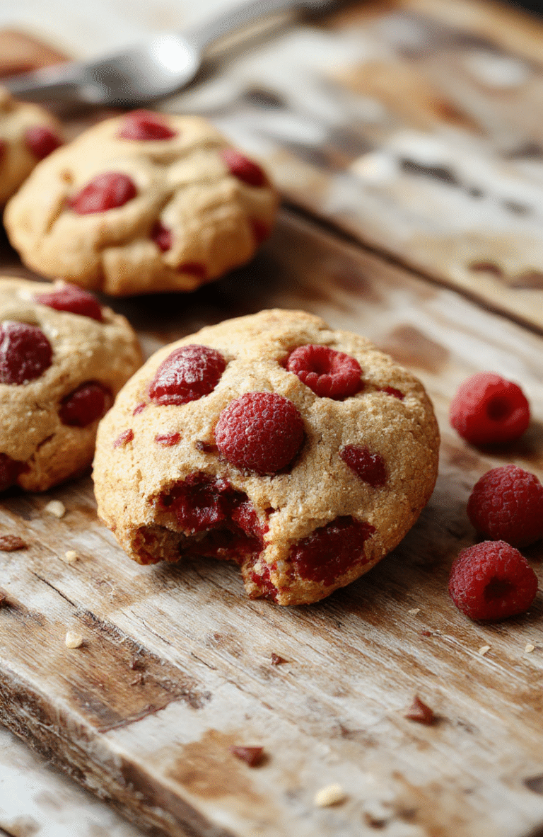 A plate of chewy raspberry cookies with bright red raspberries embedded in golden-brown, slightly cracked surface, arranged on a rustic wooden table with a few fresh raspberries and mint leaves for garnish, soft natural lighting emphasizing the glossy berries and textured cookie surface.