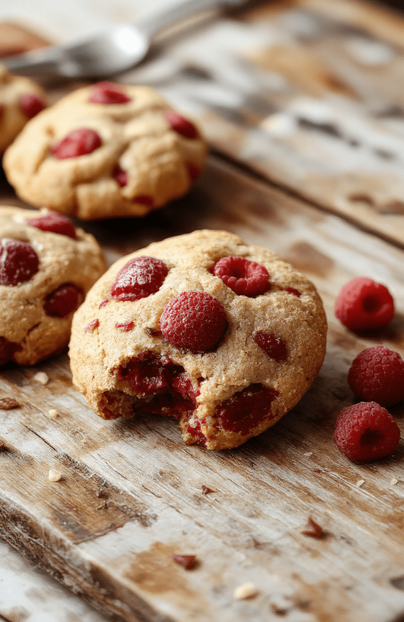 A plate of chewy raspberry cookies with bright red raspberries embedded in golden-brown, slightly cracked surface, arranged on a rustic wooden table with a few fresh raspberries and mint leaves for garnish, soft natural lighting emphasizing the glossy berries and textured cookie surface.