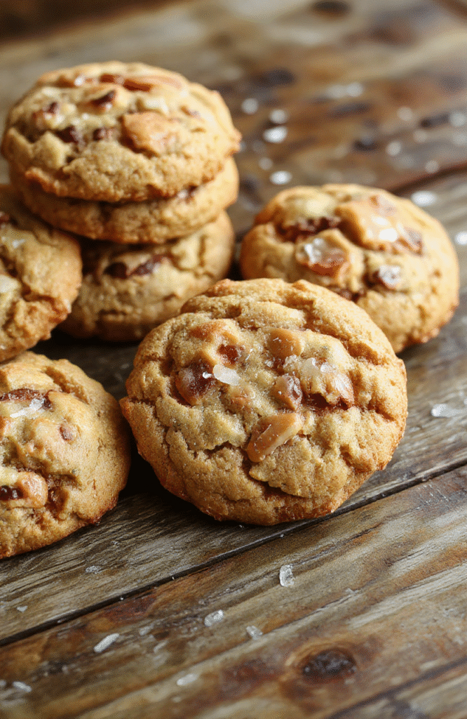 A close-up of freshly baked chewy butterscotch cookies sprinkled with flaky sea salt, arranged on a rustic wooden platter. The cookies have a golden-brown exterior with visible butterscotch chunks and a slightly glossy finish, accented by coarse sea salt crystals on top. The background is softly blurred with a cozy, warm ambiance, emphasizing textures and inviting presentation.