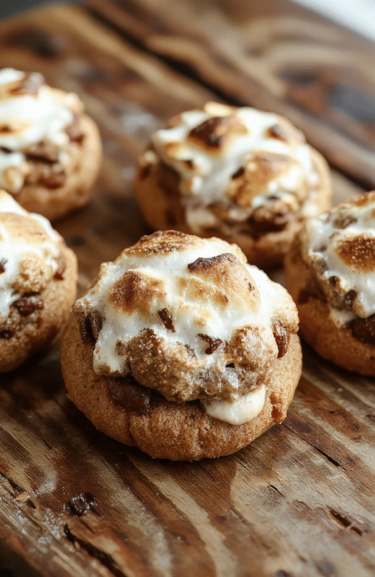 Colorful plate of chewy s'mores cookies with golden edges, marshmallow and chocolate filling visible, rustic wooden background, subtle sugar dusting, inviting and cozy presentation