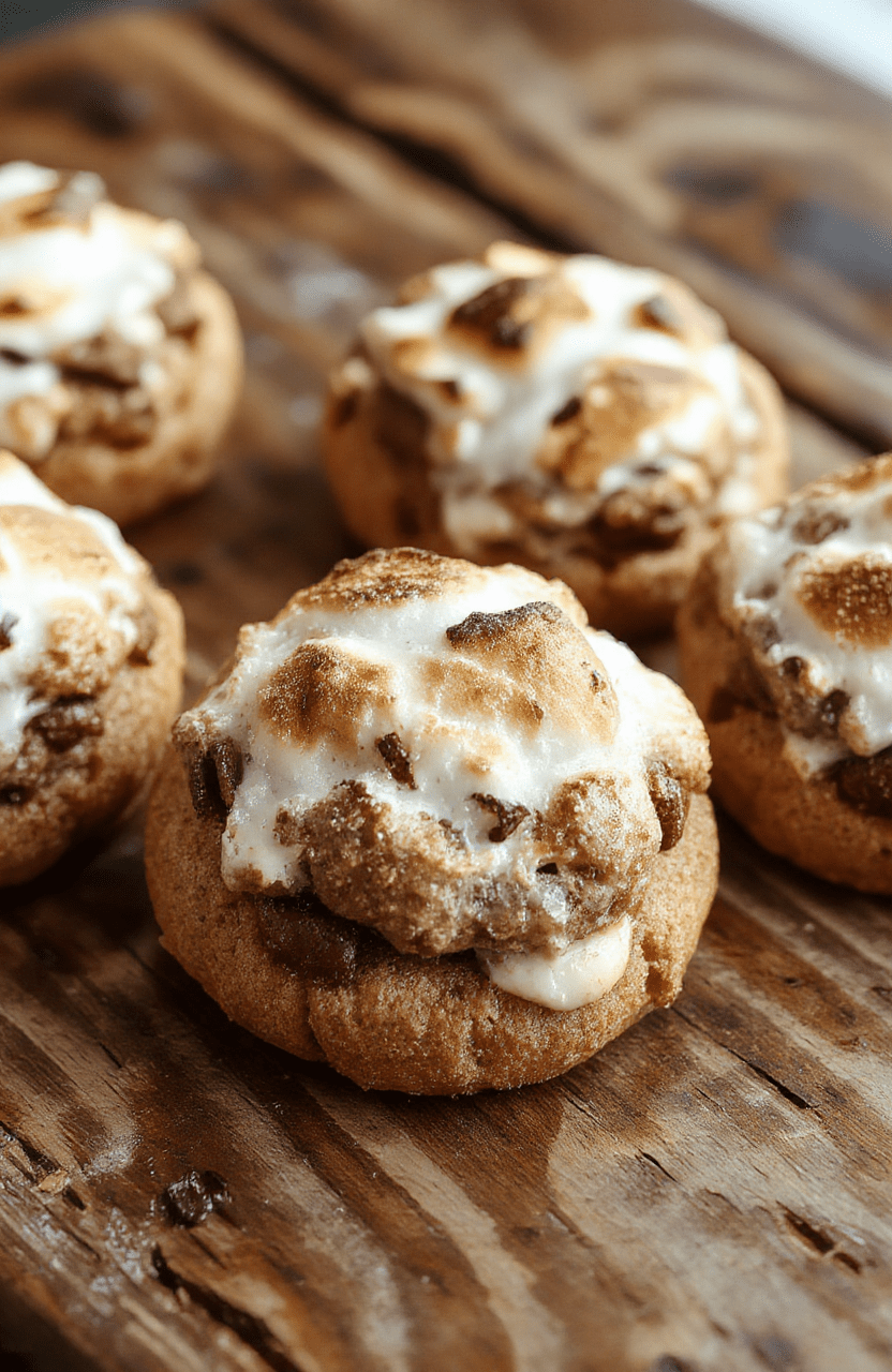 Colorful plate of chewy s'mores cookies with golden edges, marshmallow and chocolate filling visible, rustic wooden background, subtle sugar dusting, inviting and cozy presentation