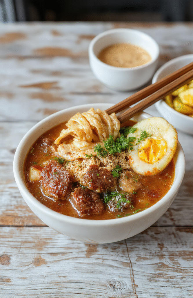 A steaming bowl of comforting beef ramen noodles with tender beef slices, soft boiled eggs, green onions, and rich broth, styled with a wooden spoon on a rustic wooden table, warm tones, vibrant colors, inviting and appetizing.