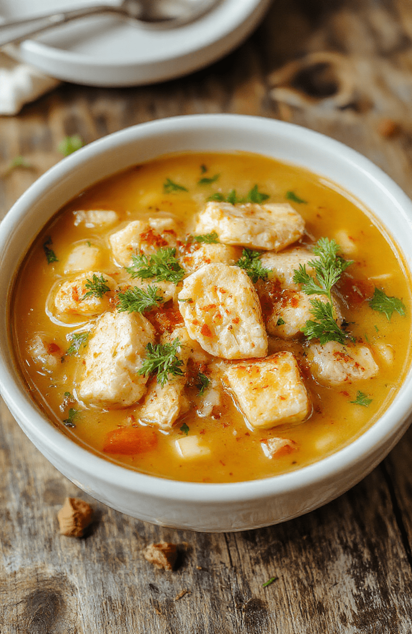 A warm bowl of chicken noodle soup with tender chicken, vibrant carrots, celery, and egg noodles, topped with fresh parsley, served on a rustic wooden table with steam rising, styled casually to evoke comfort and warmth.