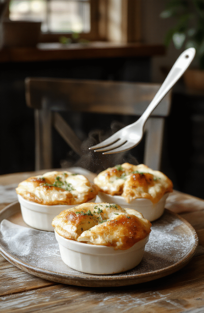 A close-up of golden-brown mini chicken pot pies arranged on a rustic wooden table, topped with flaky crust and steam rising, surrounded by fresh herbs and vegetables for garnish, styled in a cozy, inviting setting.