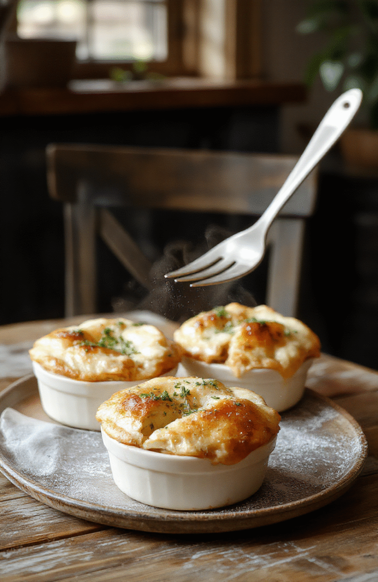 A close-up of golden-brown mini chicken pot pies arranged on a rustic wooden table, topped with flaky crust and steam rising, surrounded by fresh herbs and vegetables for garnish, styled in a cozy, inviting setting.