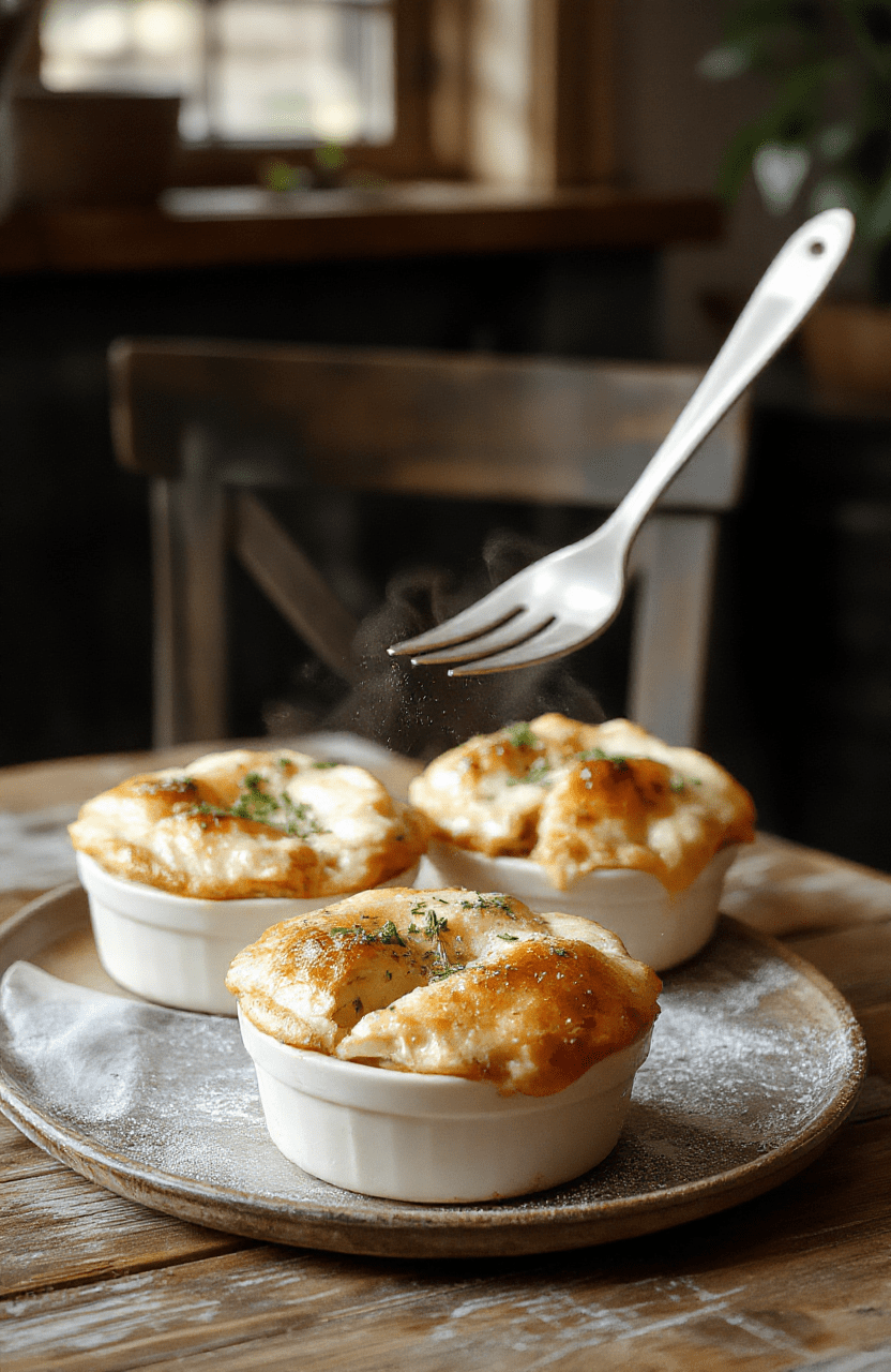 A close-up of golden-brown mini chicken pot pies arranged on a rustic wooden table, topped with flaky crust and steam rising, surrounded by fresh herbs and vegetables for garnish, styled in a cozy, inviting setting.