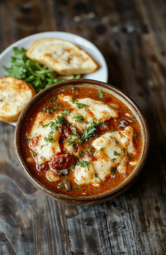 A vibrant bowl of comforting lasagna soup topped with melted cheese, fresh basil, and grated Parmesan, accompanied by warm bread slices. The soup has a rich tomato-red color with layers of gooey cheese and green herbs. The presentation is rustic and inviting, highlighting the hearty ingredients and steaming hot nature of the dish.