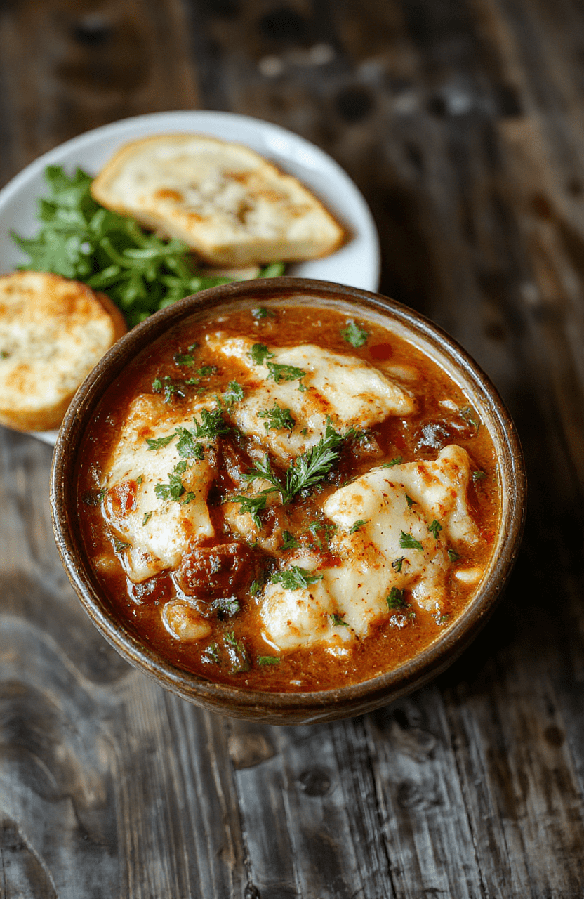 A vibrant bowl of comforting lasagna soup topped with melted cheese, fresh basil, and grated Parmesan, accompanied by warm bread slices. The soup has a rich tomato-red color with layers of gooey cheese and green herbs. The presentation is rustic and inviting, highlighting the hearty ingredients and steaming hot nature of the dish.