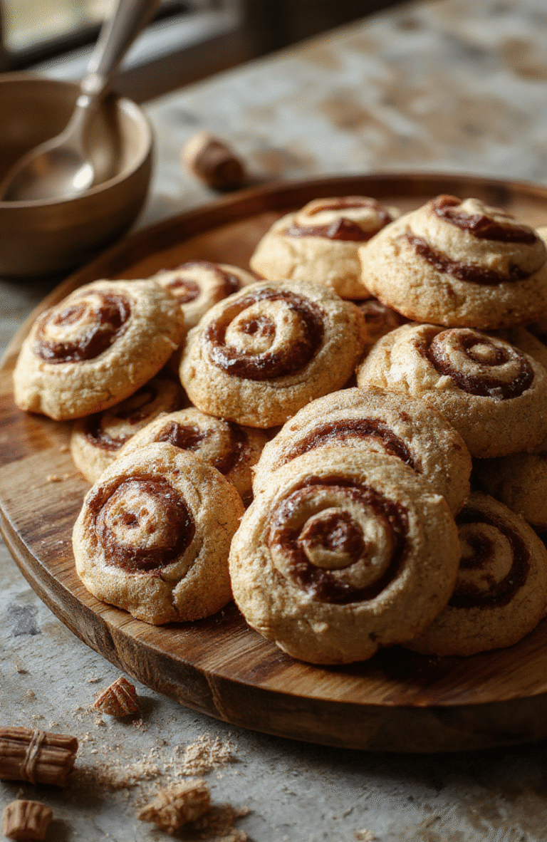 A plate of warm, golden-brown cinnamon roll cookies topped with a drizzle of sweet glaze, sprinkled with cinnamon sugar, arranged on a rustic wooden board with autumn leaves in the background, inviting and cozy.