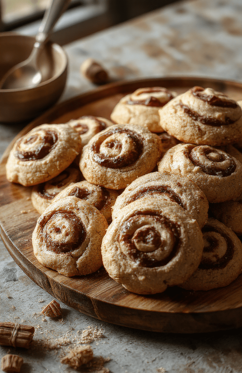 A plate of warm, golden-brown cinnamon roll cookies topped with a drizzle of sweet glaze, sprinkled with cinnamon sugar, arranged on a rustic wooden board with autumn leaves in the background, inviting and cozy.