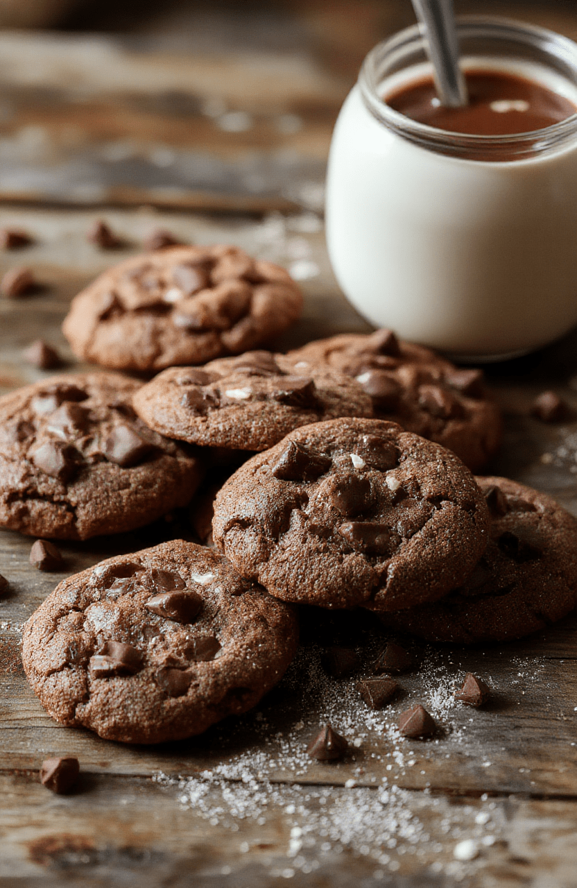 A plated stack of cozy hot chocolate cookies featuring rich chocolate and marshmallow topping, set on a rustic wooden table with a warm drink in the background, topped with cocoa powder and drizzled chocolate, styled with a soft blanket and festive decor.