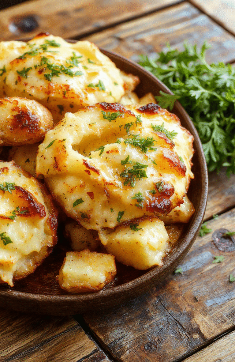 A bowl of creamy baked mashed potatoes topped with melted butter and fresh herbs, served on a rustic wooden table with a golden crust and a smooth, fluffy interior, garnished with chopped chives and a sprig of rosemary, styled in a cozy holiday setting.