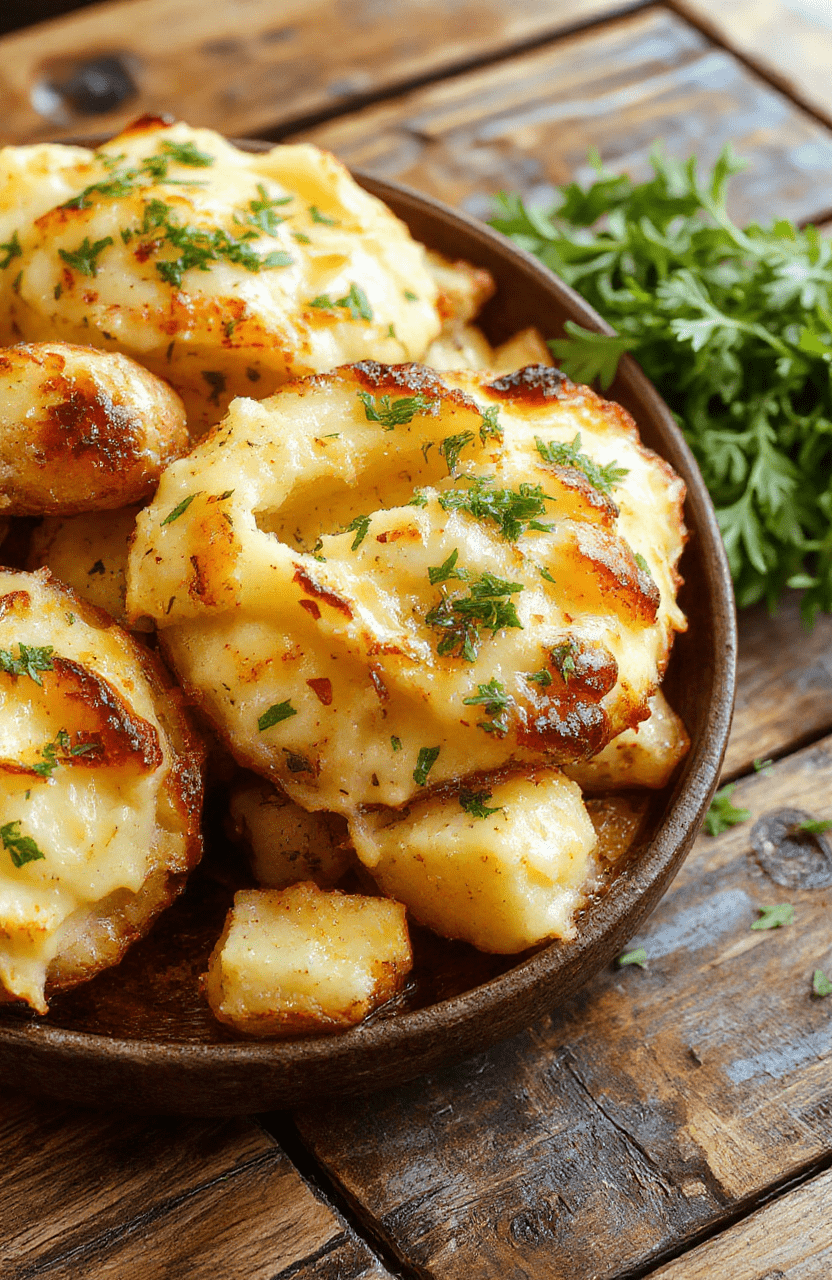 A bowl of creamy baked mashed potatoes topped with melted butter and fresh herbs, served on a rustic wooden table with a golden crust and a smooth, fluffy interior, garnished with chopped chives and a sprig of rosemary, styled in a cozy holiday setting.
