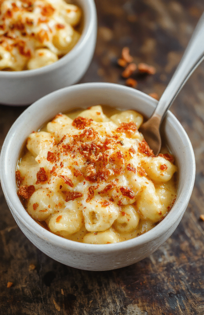 A creamy baked mac and cheese dish served in a rustic white bowl, topped with golden melted cheese and crispy breadcrumb crust, surrounded by fresh herbs, with a cheesy gooey texture and vibrant golden-brown topping, styled on a wooden table with natural light highlighting the rich colors and textures.