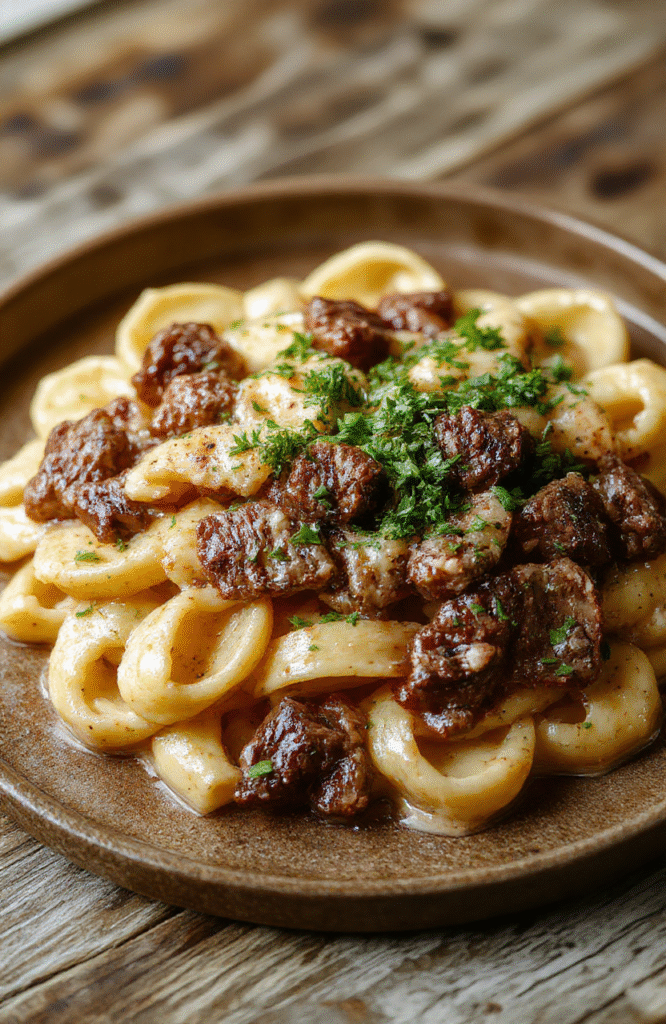 A vibrant plate of creamy beef and shells pasta on a rustic wooden table, garnished with fresh herbs, showing rich sauce coating the tender pasta and browned beef, styled simply with a sprinkle of cheese and herbs.
