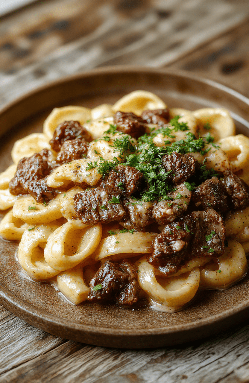 A vibrant plate of creamy beef and shells pasta on a rustic wooden table, garnished with fresh herbs, showing rich sauce coating the tender pasta and browned beef, styled simply with a sprinkle of cheese and herbs.