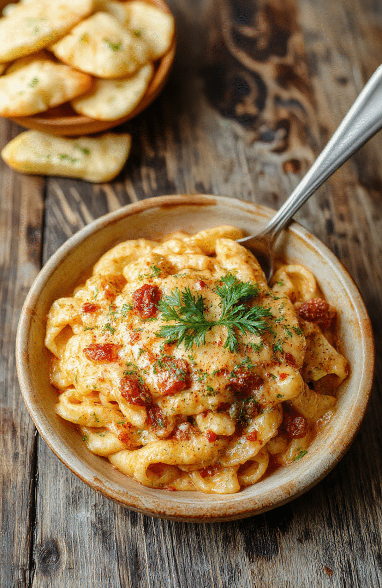 A vibrant plate of creamy Cajun pasta with tender shrimp and colorful bell peppers, garnished with fresh parsley on a rustic wooden table, showcasing rich textures and bold spices.