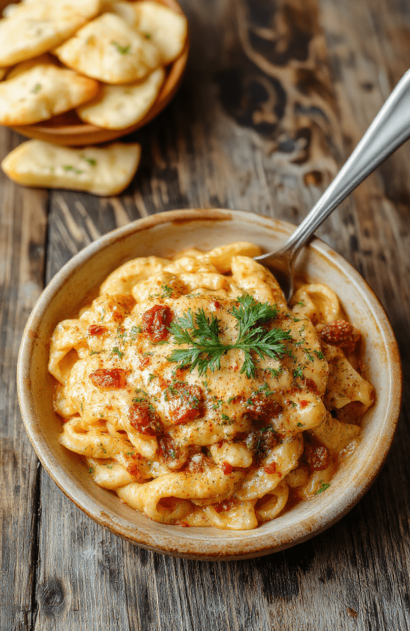 A vibrant plate of creamy Cajun pasta with tender shrimp and colorful bell peppers, garnished with fresh parsley on a rustic wooden table, showcasing rich textures and bold spices.