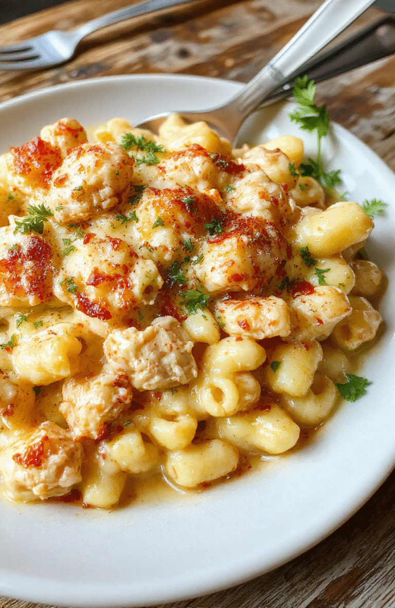 A vibrant plate of creamy chicken mac and cheese featuring tender pasta coated in rich cheese sauce with chunks of cooked chicken on top, garnished with chopped herbs. The dish is styled on a rustic wooden table with a fork and a sprig of parsley for visual appeal, showcasing textures from smooth cheese to juicy chicken and al dente pasta in warm, inviting tones.