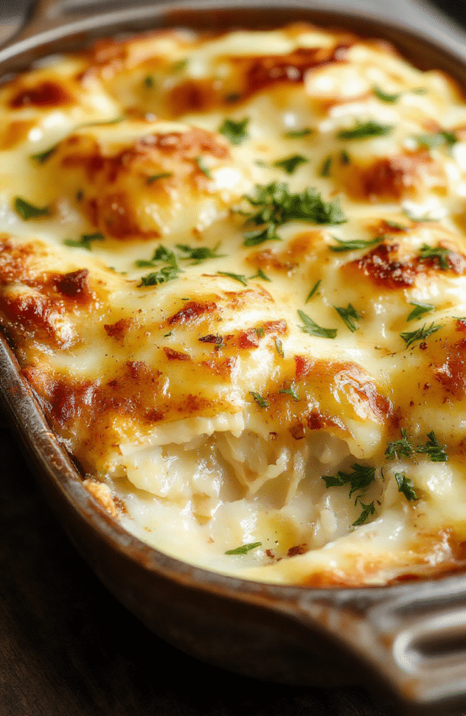 A golden-brown potato gratin with bubbling melted cheese and crispy edges, layered beautifully in a ceramic dish, topped with fresh herbs, styled on a rustic wooden table with a cozy holiday setting.