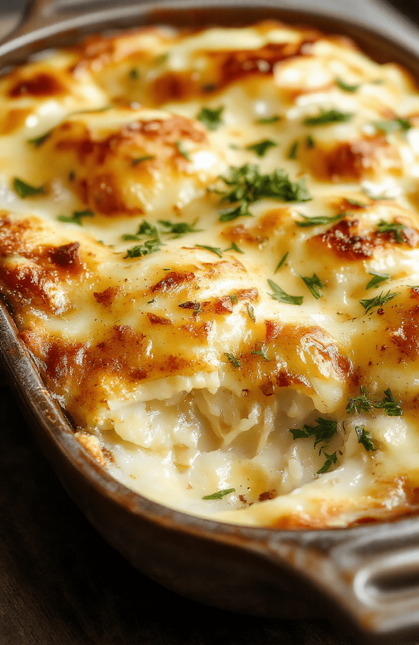 A golden-brown potato gratin with bubbling melted cheese and crispy edges, layered beautifully in a ceramic dish, topped with fresh herbs, styled on a rustic wooden table with a cozy holiday setting.