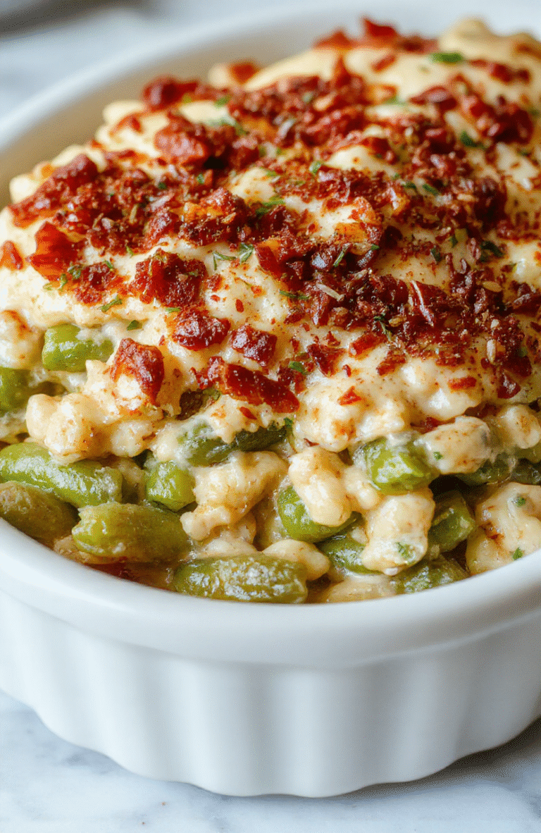 A vibrant green bean casserole in a rustic white dish topped with crispy fried onions, garnished with fresh herbs, set on a wooden table with a festive backdrop, textures of creamy beans and crunchy toppings visible, styled for a holiday celebration