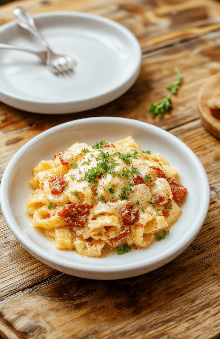 A vibrant plate of creamy Italian rigatoni pasta, topped with melted cheese and fresh herbs. The pasta is coated in a rich sauce, served on a rustic white plate, with a sprinkle of Parmesan and basil leaves. The background includes a wooden table with natural lighting highlighting the textures and colors of the dish, showcasing a cozy and inviting meal.