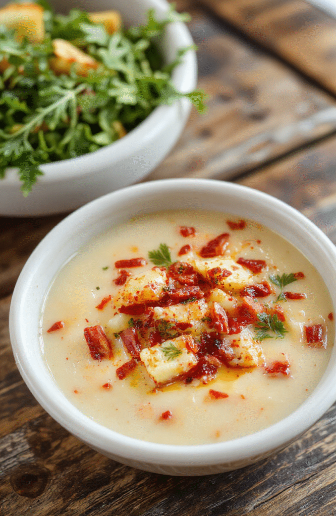 A steaming bowl of creamy loaded potato soup topped with crispy bacon, shredded cheese, chopped green onions, and a dollop of sour cream, with a rustic wooden background. The soup has a rich, velvety texture, vibrant toppings adding color and texture contrast, styled for a cozy comfort food scene.