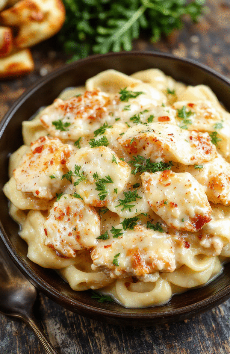 A vibrant plate of creamy parmesan chicken pasta with tender chicken pieces, al dente pasta, and a rich, cheesy sauce, garnished with fresh herbs and grated parmesan, styled on a rustic wooden table with a soft background.