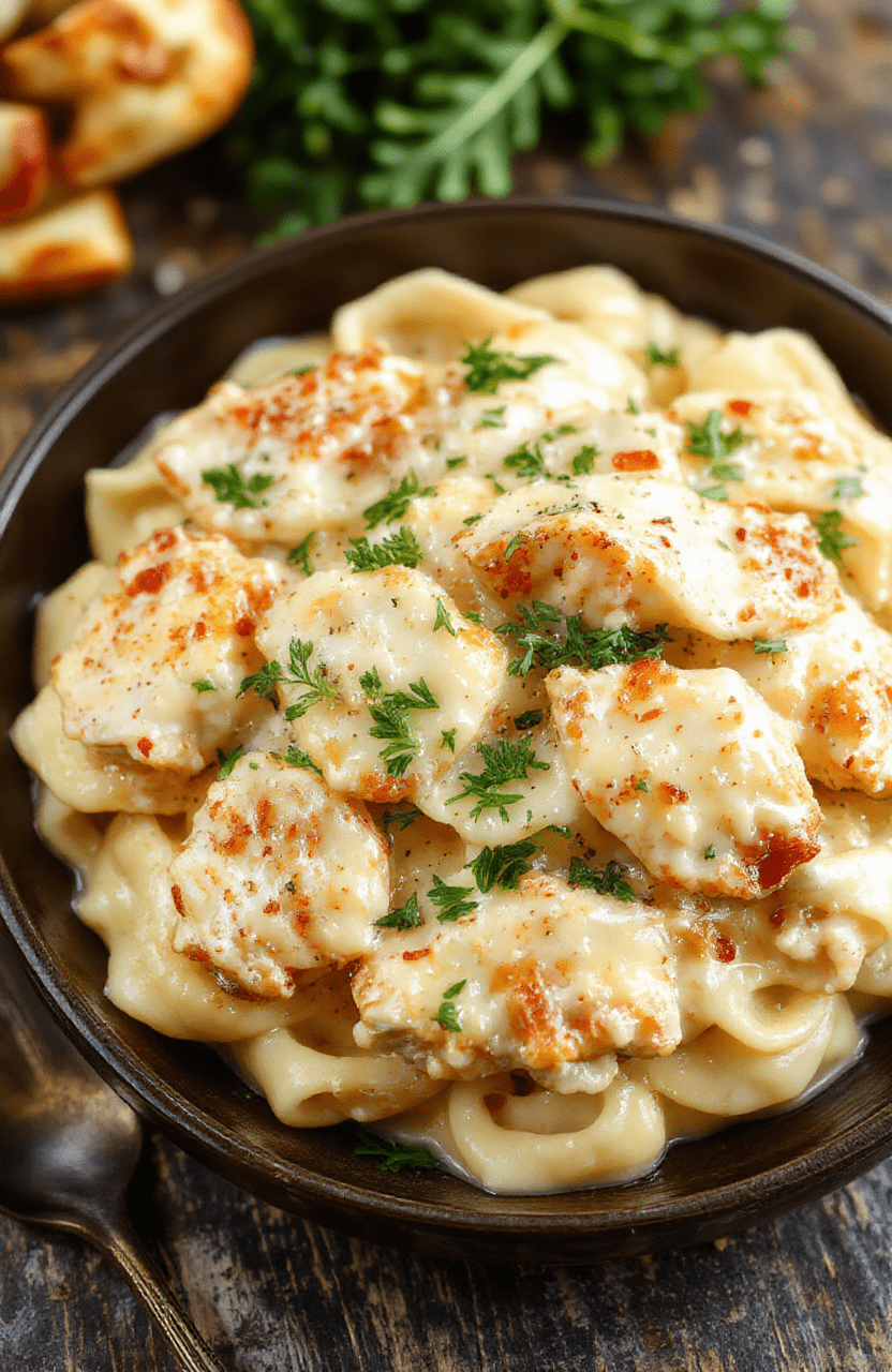 A vibrant plate of creamy parmesan chicken pasta with tender chicken pieces, al dente pasta, and a rich, cheesy sauce, garnished with fresh herbs and grated parmesan, styled on a rustic wooden table with a soft background.