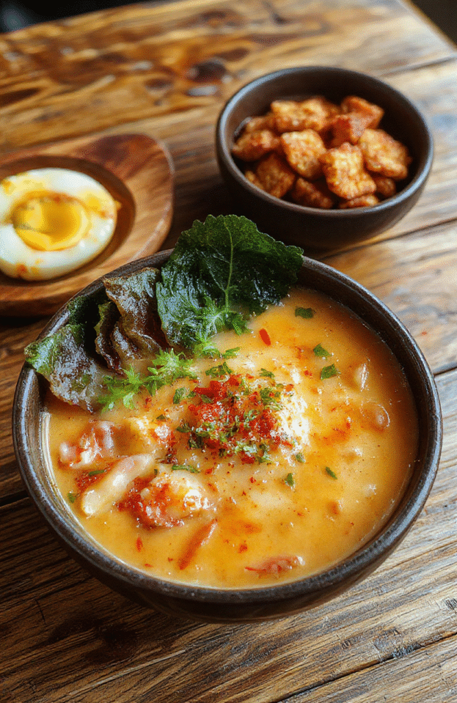 A vibrant bowl of creamy spicy Korean ramen with rich broth, topped with sliced green onions, poached eggs, and sesame seeds. The bowl is set on a rustic wooden table, showcasing the colorful steam and textures of the noodles and toppings, styled casually with a focus on the inviting, flavorful presentation.