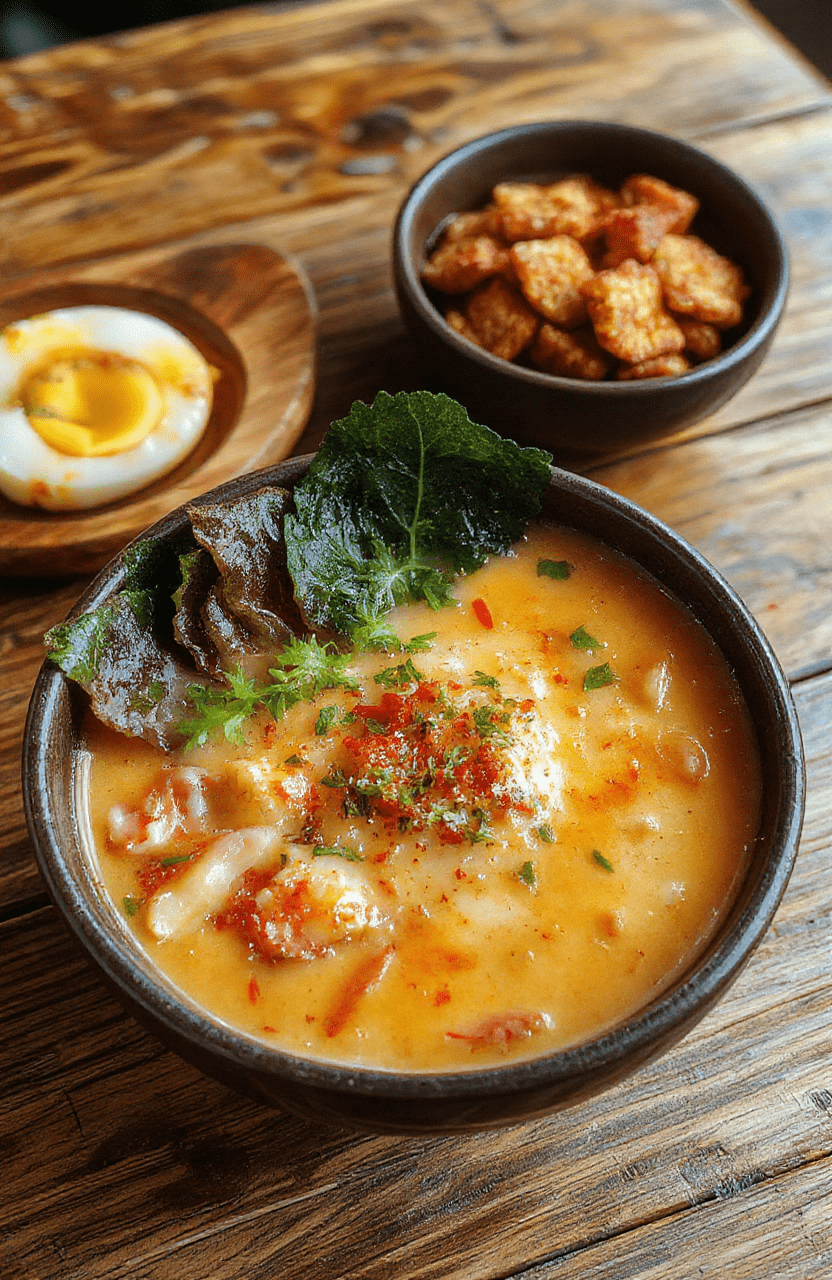 A vibrant bowl of creamy spicy Korean ramen with rich broth, topped with sliced green onions, poached eggs, and sesame seeds. The bowl is set on a rustic wooden table, showcasing the colorful steam and textures of the noodles and toppings, styled casually with a focus on the inviting, flavorful presentation.