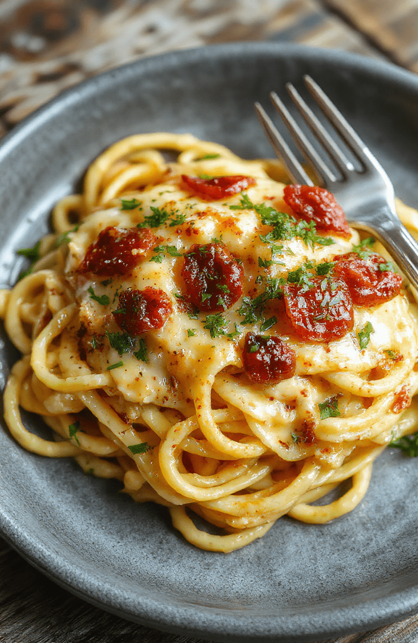A close-up of creamy spaghetti topped with chopped sun-dried tomatoes and fresh basil, served on a rustic white plate. The vibrant red tomatoes contrast beautifully with the silky, creamy sauce and al dente noodles. The background features a wooden table with scattered herbs, evoking a cozy, inviting atmosphere perfect for a comforting weeknight meal.