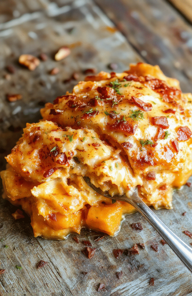 Bright and inviting sweet potato casserole with a golden crust, topped with toasted marshmallows and sprinkled with cinnamon, served in a rustic ceramic dish on a wooden table