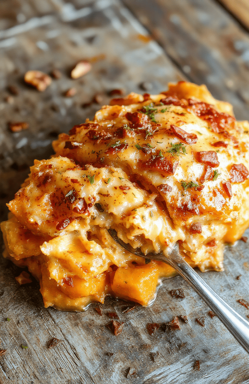 Bright and inviting sweet potato casserole with a golden crust, topped with toasted marshmallows and sprinkled with cinnamon, served in a rustic ceramic dish on a wooden table