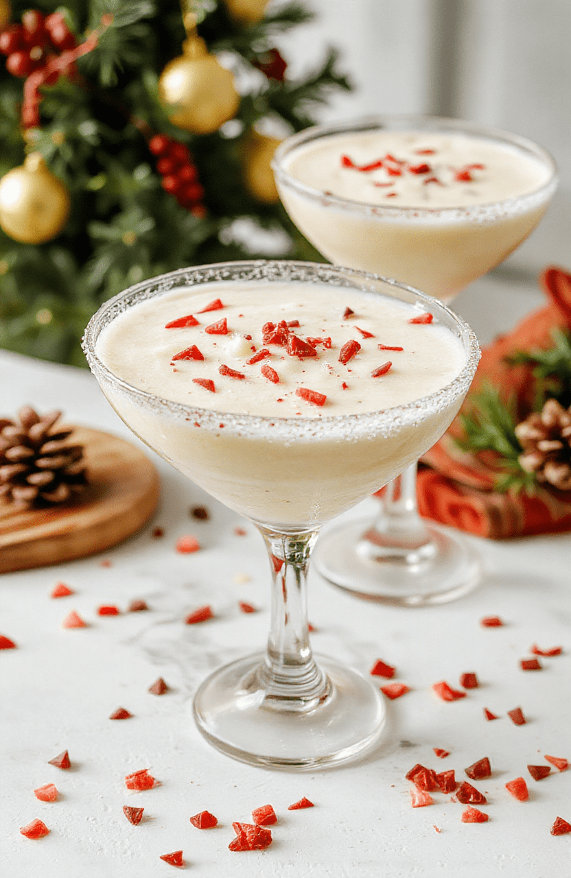 A vibrant pitcher of creamy white Christmas margaritas garnished with sugared cranberries and lime wedges, surrounded by festive decorations on a white table, with a frosty, textured rim on glasses and a backdrop of holiday lights, evoking a cheerful holiday celebration.
