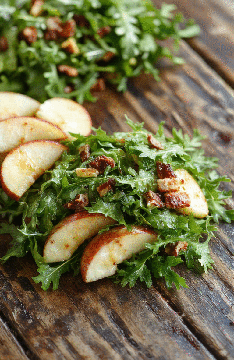 A vibrant salad featuring crisp apple slices and fresh arugula leaves, topped with crumbled cheese and a light vinaigrette, beautifully arranged on a white ceramic plate with a natural wooden background, emphasizing bright green and red hues, with textured ingredients and soft natural lighting.