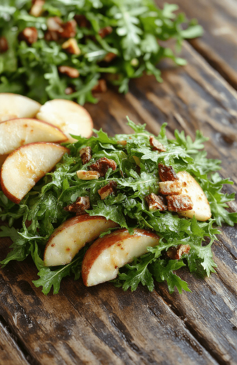 A vibrant salad featuring crisp apple slices and fresh arugula leaves, topped with crumbled cheese and a light vinaigrette, beautifully arranged on a white ceramic plate with a natural wooden background, emphasizing bright green and red hues, with textured ingredients and soft natural lighting.