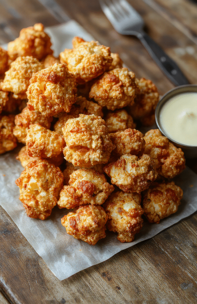 Colorful plate of crispy baked popcorn chicken with golden-brown exterior, served with a side of fresh greens and dipping sauce, styled simply on a rustic wooden table, emphasizing textures and vibrant food appeal.