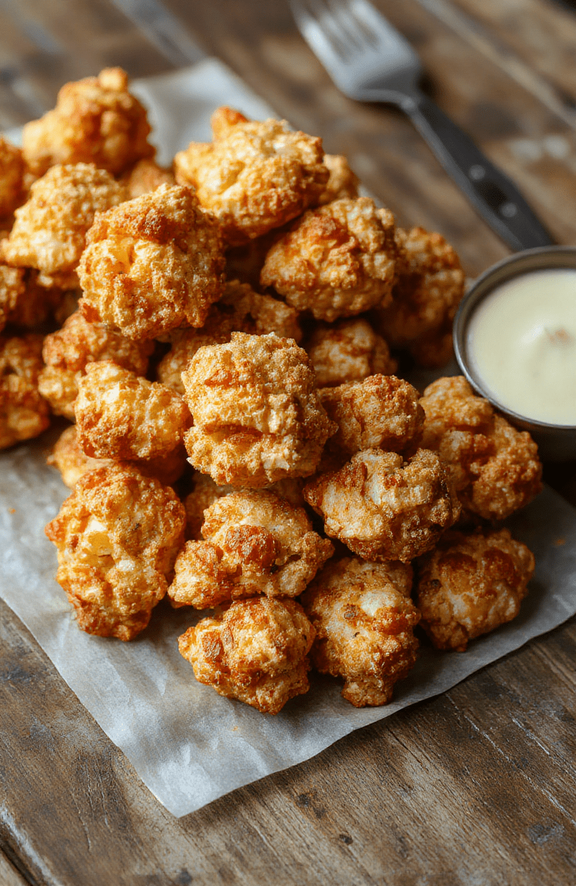 Colorful plate of crispy baked popcorn chicken with golden-brown exterior, served with a side of fresh greens and dipping sauce, styled simply on a rustic wooden table, emphasizing textures and vibrant food appeal.