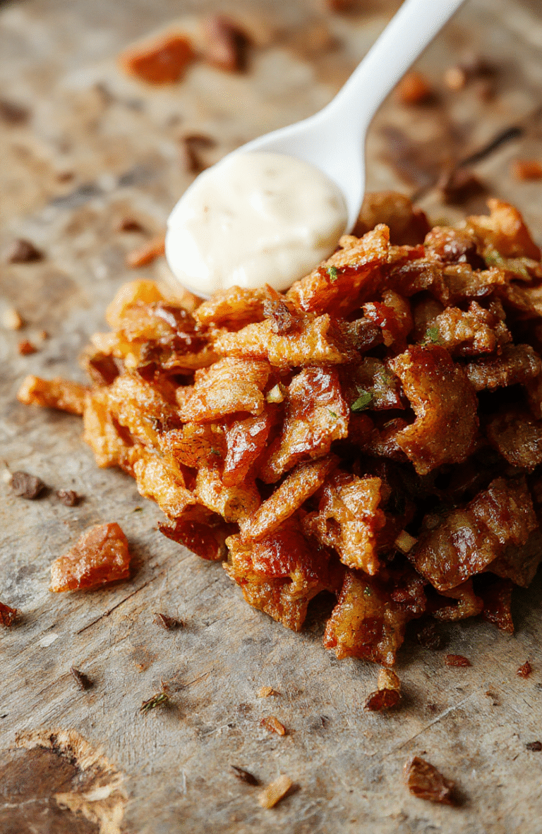 Golden brown crispy fried onions stacked on a white plate with a rustic wooden table background. The onions are thin, crunchy, and perfectly seasoned, showcasing their flaky texture. Some are scattered around for an inviting, snack-ready presentation. The vibrant golden color contrasts beautifully with the neutral background, emphasizing the crispy appeal and savory texture.