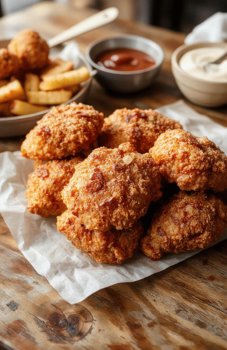 A golden-brown crispy pretzel chicken breast topped with melted cheese, served on a rustic plate with scattered pretzel crumbs and fresh herbs, with a creamy dipping sauce on the side, captured in natural daylight with vibrant colors and textures.